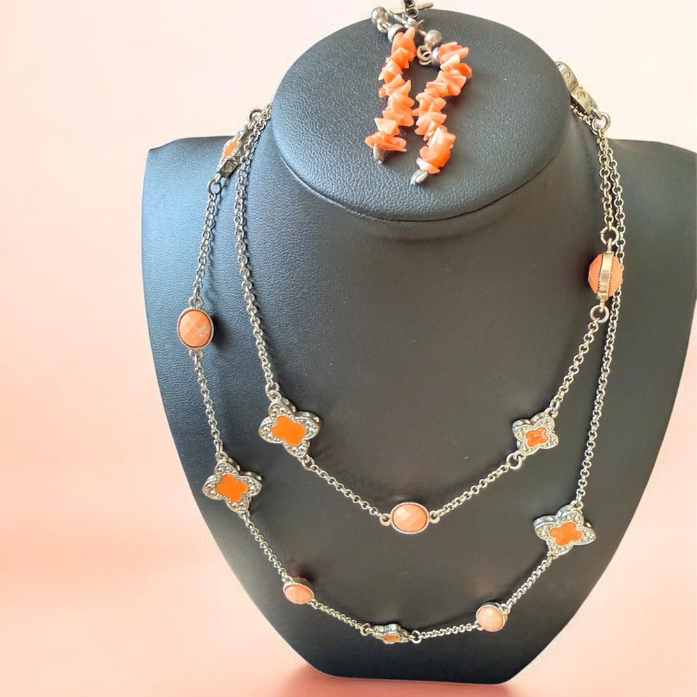 Women's Orange Multi-Strand Necklace and Earrings Set